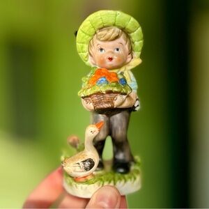 VTG Farmhouse Child With Floral Basket + White Goose Figurine Art Decor